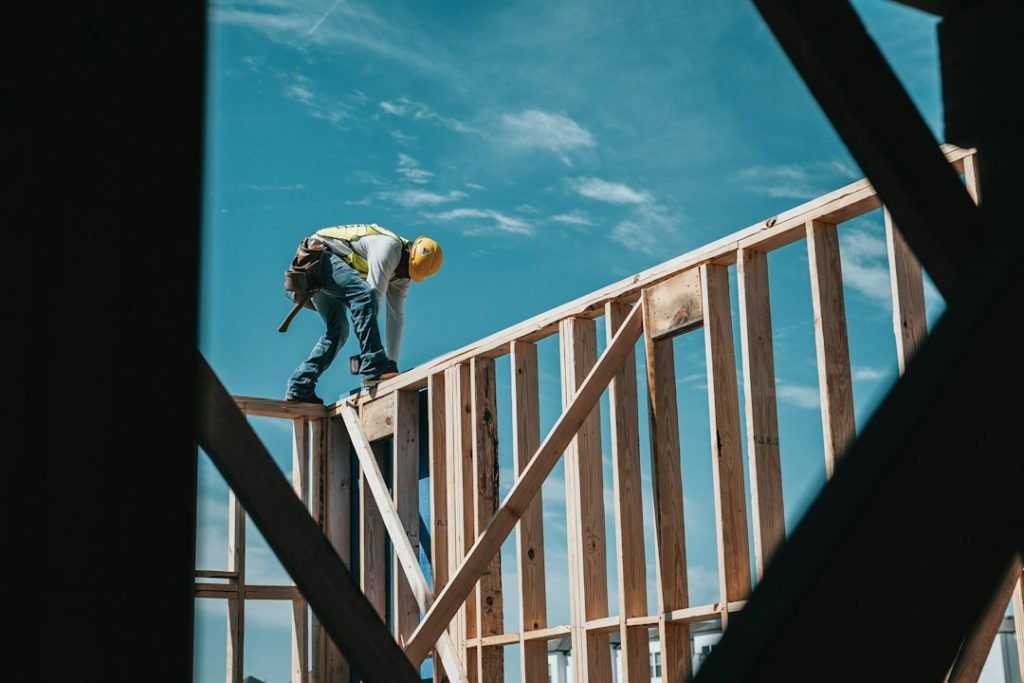 Construction work on a timber framed house