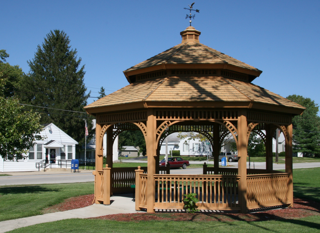 Wooden gazebo beside Walnut Street in Dayton, Indiana, photographed in 2008