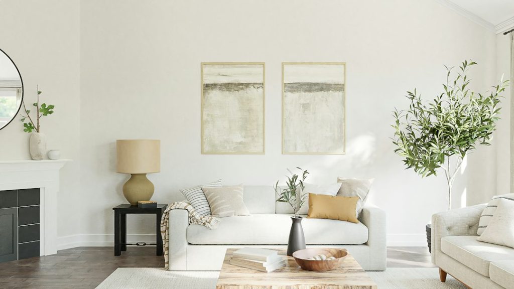 Bright furnished living room prepared for sale, illustrative photograph