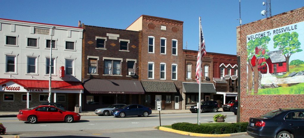Buildings along West Main Street in Rossville, Indiana, photographed in September 2008
